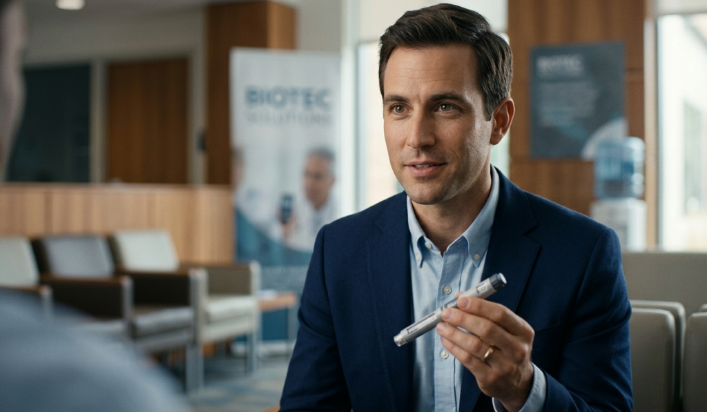 Man in a navy blazer holding a marker while talking to a colleague in a modern office lobby.