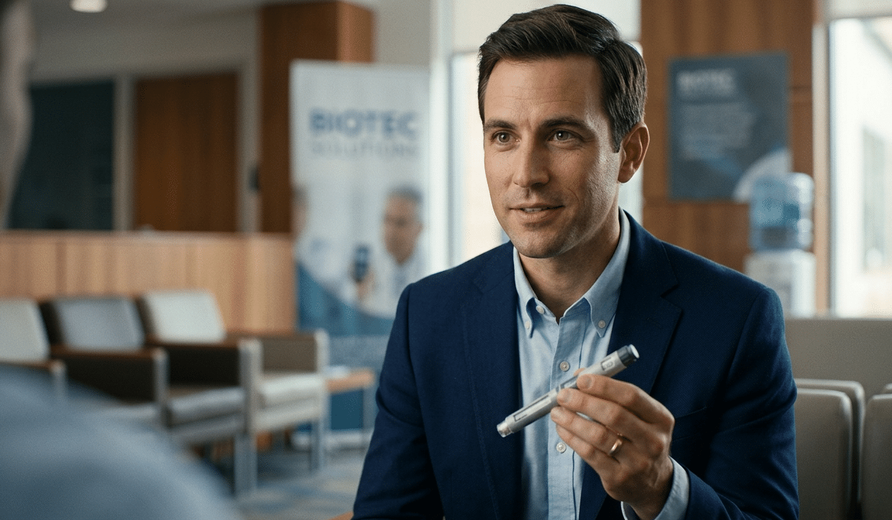 Man in a navy blazer holding a marker while talking to a colleague in a modern office lobby.