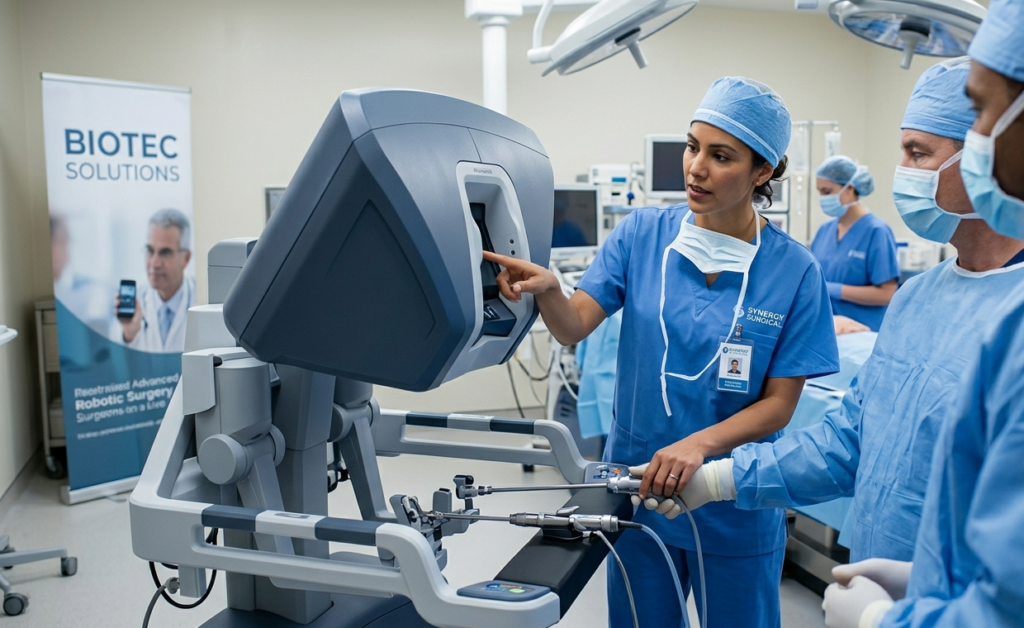 Medical team uses a robotic surgery system in a bright operating room, surgeon guiding the console while assistants monitor devices.