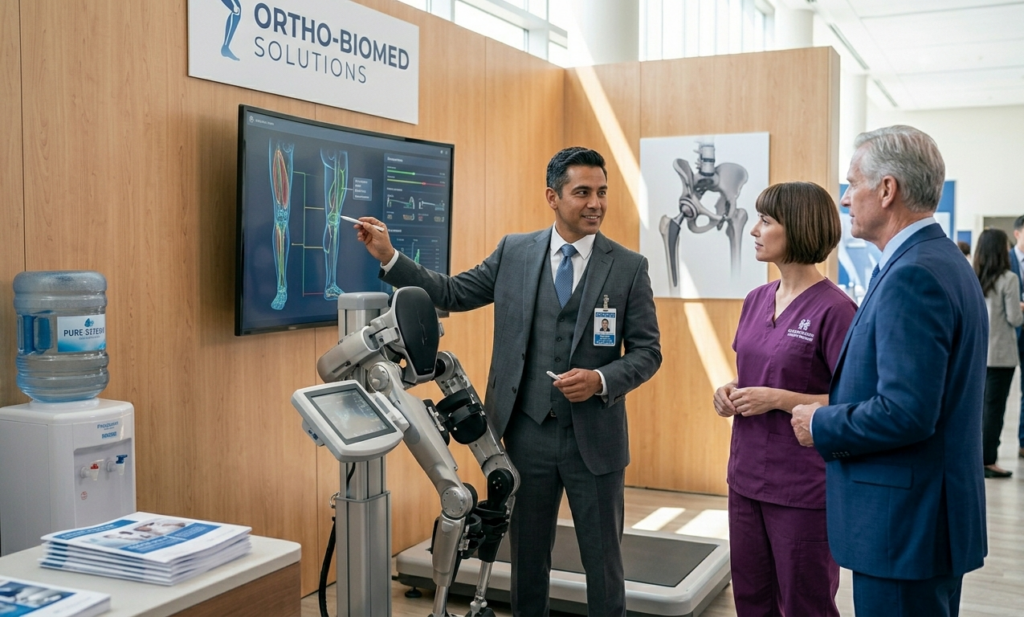 Medical professionals demonstrate a robotic limb device beside a digital screen at an Ortho-Biomed Solutions booth.