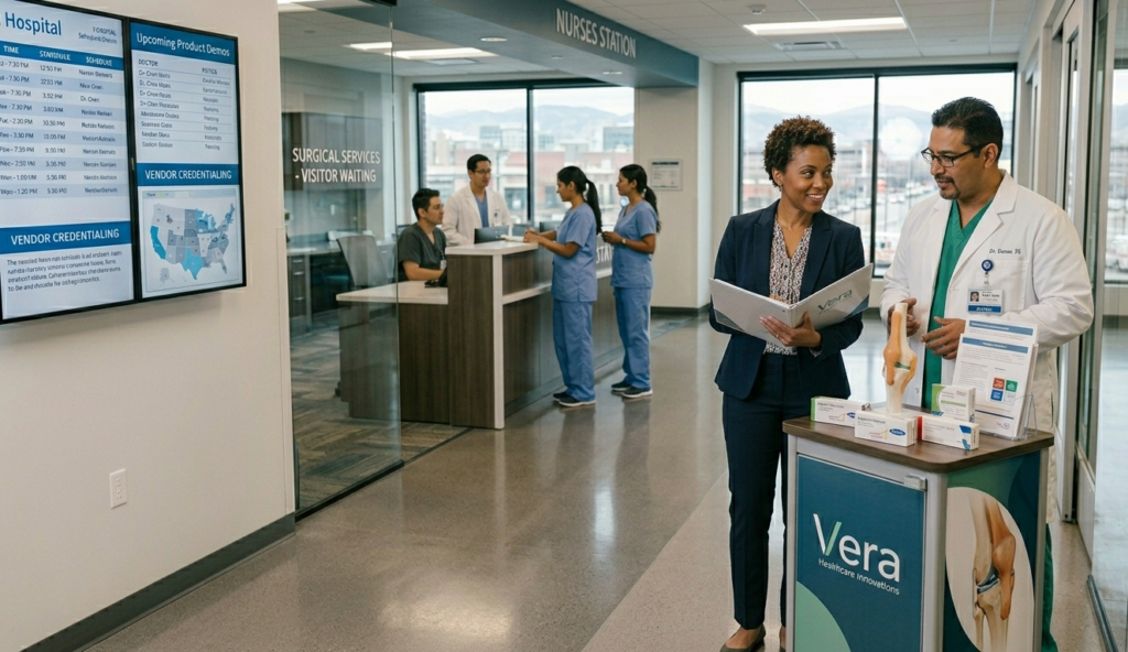 Two healthcare professionals at a Vera booth in a hospital lobby, discussing brochures beside a knee model on the display table.
