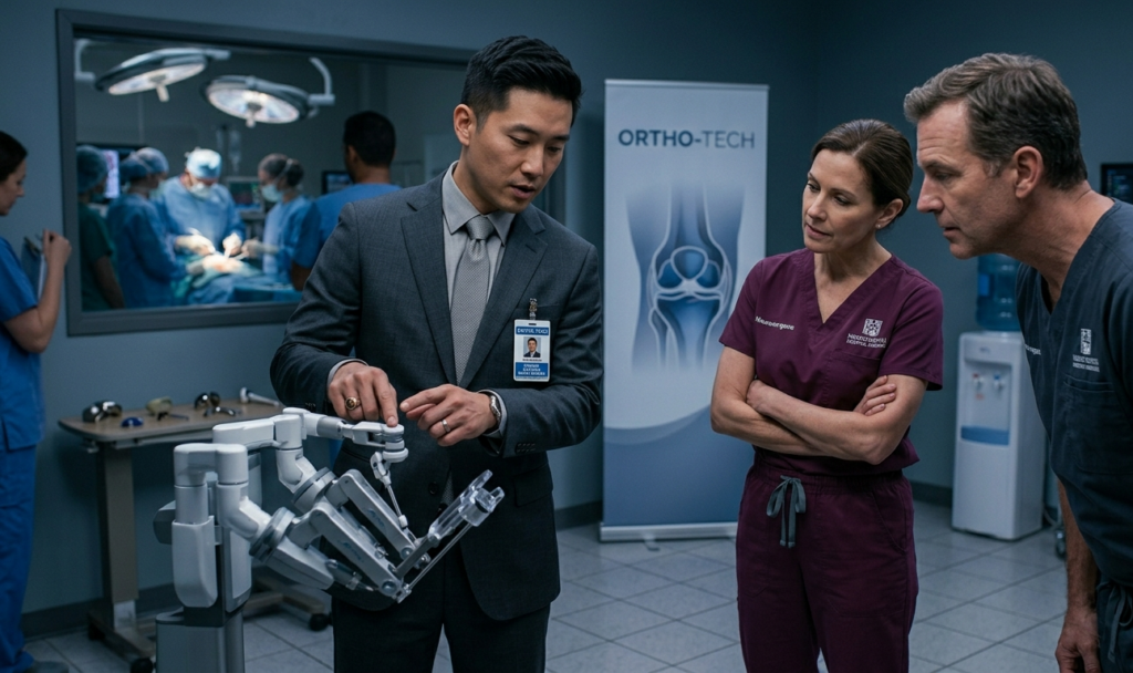 Suit-clad presenter demonstrates a robotic surgical arm to two clinicians in an operating room with an ORTHO-TECH banner behind.