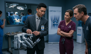 Suit-clad presenter demonstrates a robotic surgical arm to two clinicians in an operating room with an ORTHO-TECH banner behind.