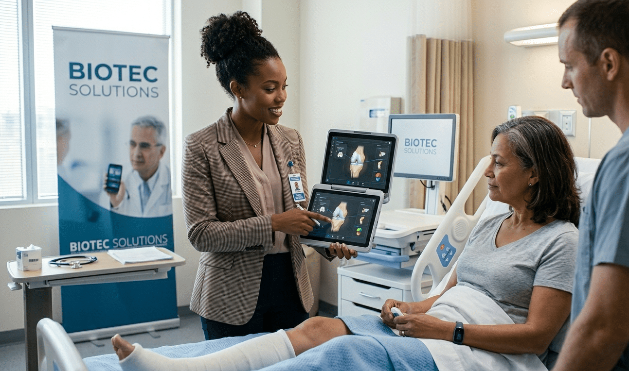 Medical professionals demonstrate ultrasound device to a patient in a hospital room, with Biotec Solutions banners in the background.