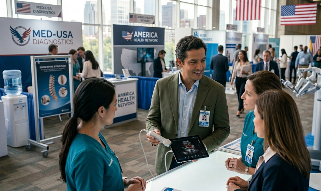 Man in a green blazer demonstrates a tablet ultrasound image to two female colleagues at a medical conference booth area.