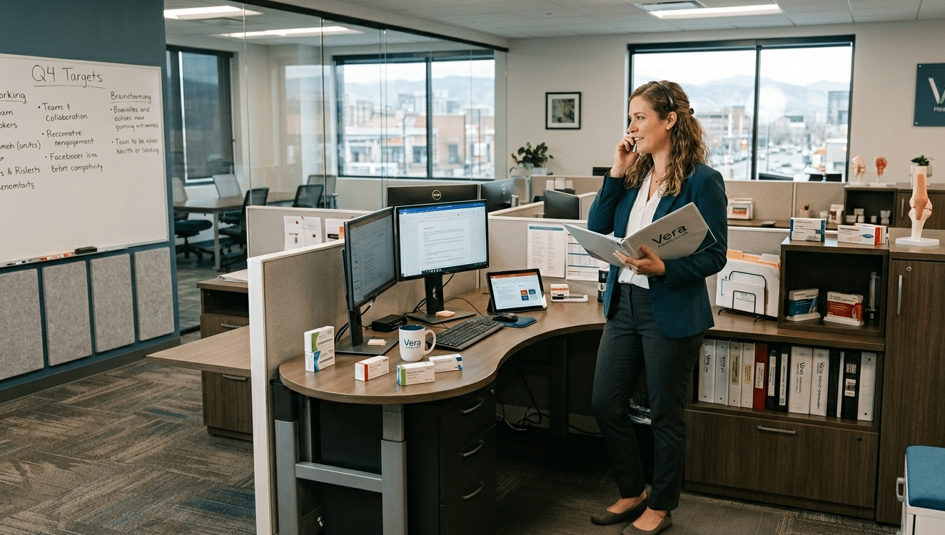 Professional woman in a blazer stands at a curved office desk, speaking on a cellphone and holding a Vera folder.