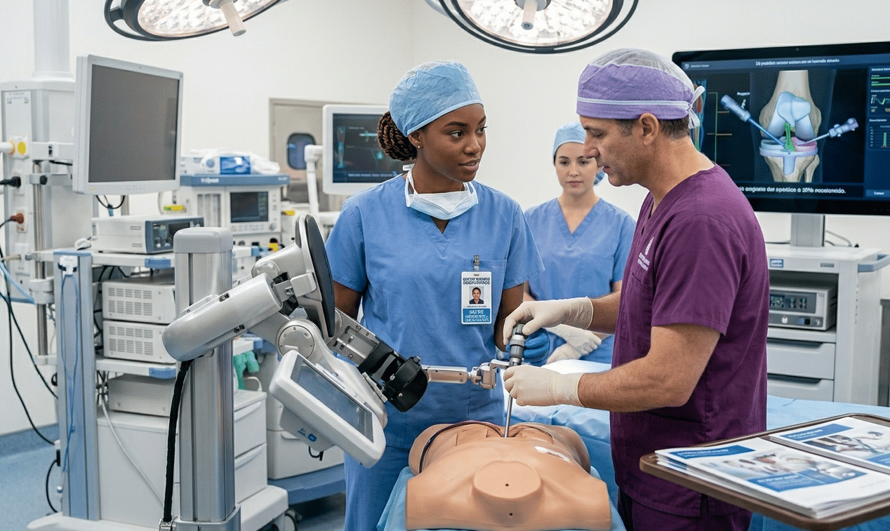 Medical professionals in scrubs operate a robotic-assisted surgical trainer on a patient manikin in a modern operating room with monitors nearby.