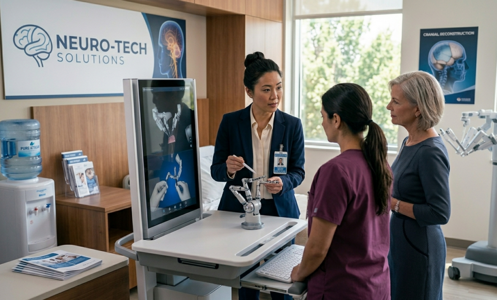 Doctor demonstrates a robotic hand device to a patient in a Neuro-Tech Solutions clinic, with a colleague and an observer nearby.