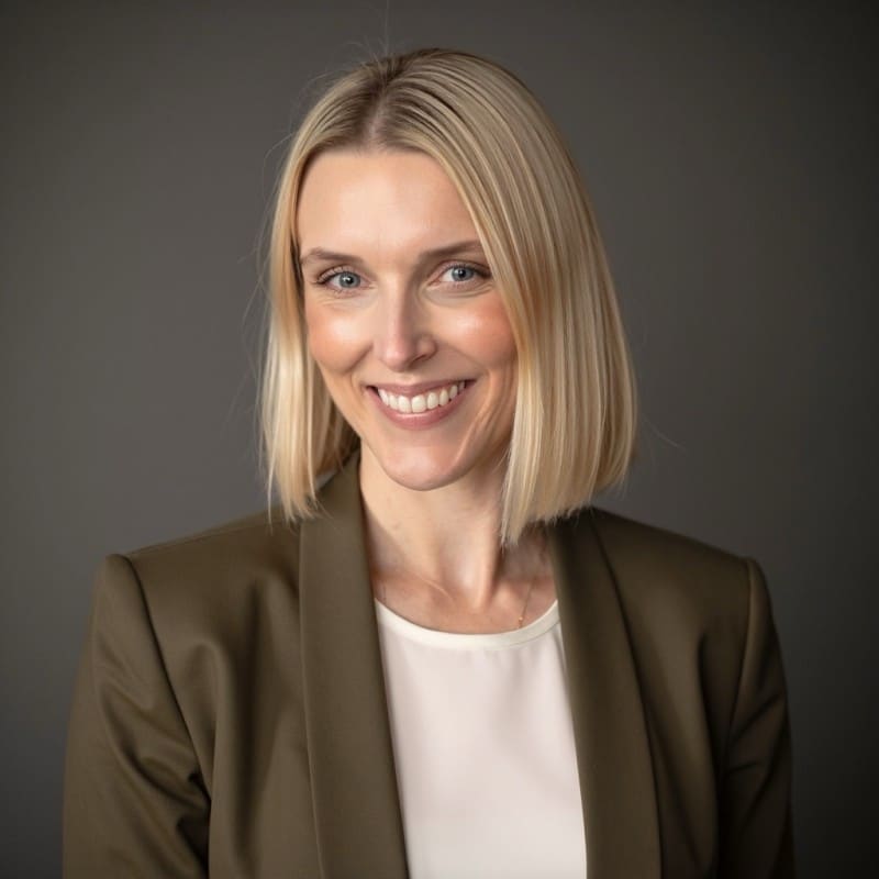 Portrait of a smiling woman with shoulder-length blonde hair wearing an olive blazer and white blouse against a gray backdrop.