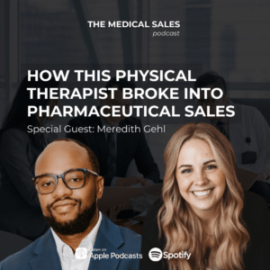 Podcast cover for The Medical Sales: two hosts in foreground with a bold episode title, background office scene, and platform logos (Apple Podcasts, Spotify).