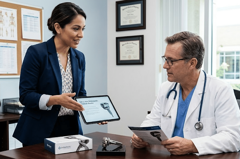 Businesswoman demonstrates a tablet with medical product information to a doctor seated at a desk in a clinic.