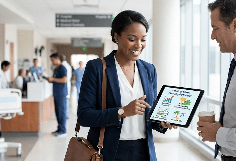 Professional woman in a navy suit shows a tablet with medical sales charts to a man in a bright hospital hallway.
