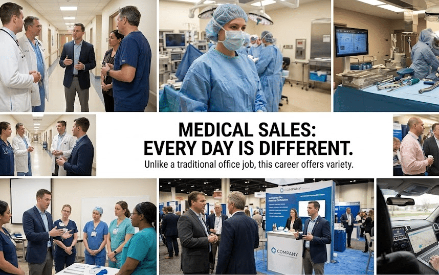 Collage showing doctors, surgeons, and sales reps in hospital and expo settings, with the slogan 'Medical Sales: Every Day Is Different.'