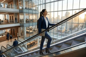 Professional woman in a blue suit riding an indoor escalator, carrying a notebook or tablet case, with a glass-walled office building and city skyline in the background.