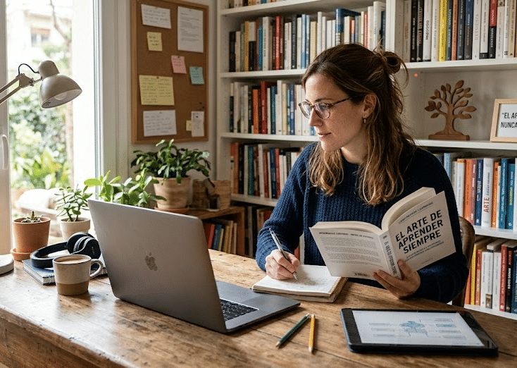 Woman studying at a wooden desk with a laptop, open book, notebook, and tablet in a sunlit home library filled with bookshelves and plants.