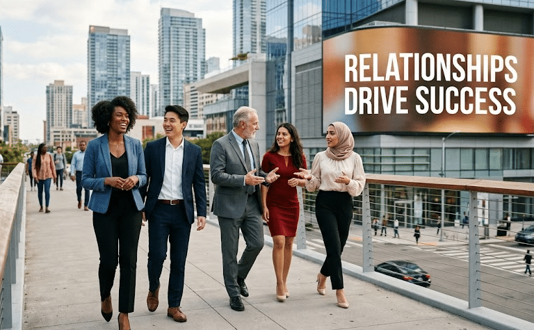 Group of diverse professionals walking and talking on a sunny sidewalk near a city skyline and a large 'Relationships Drive Success' sign.