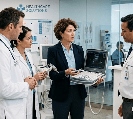 Medical team in a hospital using an ultrasound machine during a patient assessment or demonstration. The logo 'Healthcare Solutions' is visible in the background.