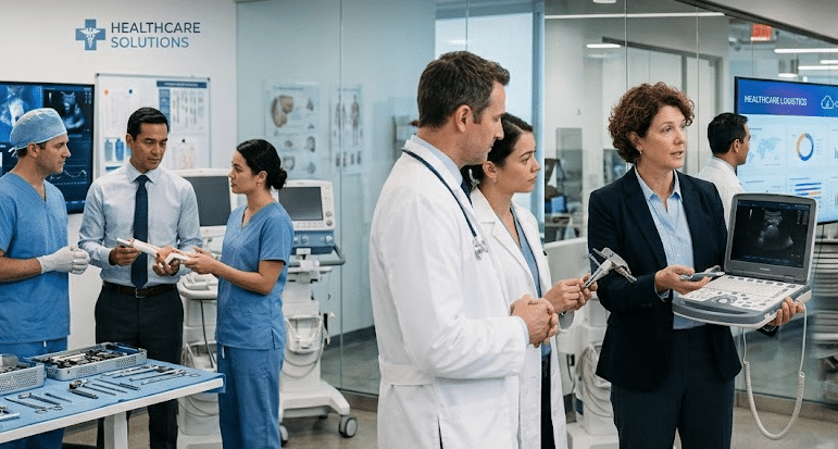 Healthcare professionals in a modern clinic discuss as a woman in a suit demonstrates a portable ultrasound to colleagues.