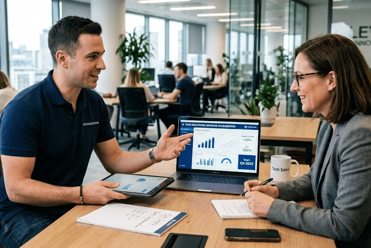 Two colleagues discuss data analytics at a conference room table, laptop showing charts while a tablet rests nearby and notes are written on a pad.