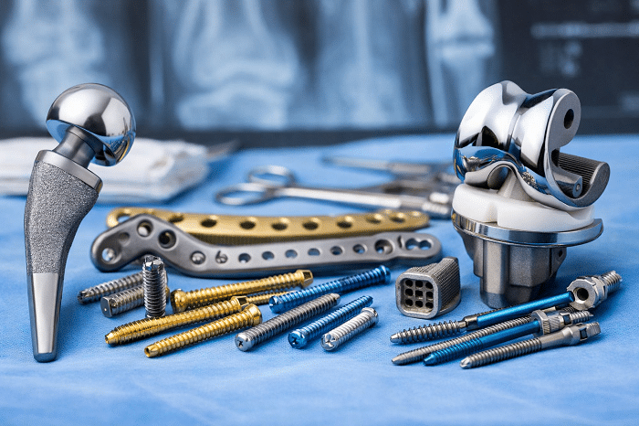 Collection of dental implant components and surgical tools laid out on a blue sterile tray surface